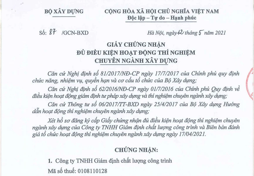 Giấy chứng nhận đủ điều kiện hoạt động thí nghiệm chuyên ngành xây dựng