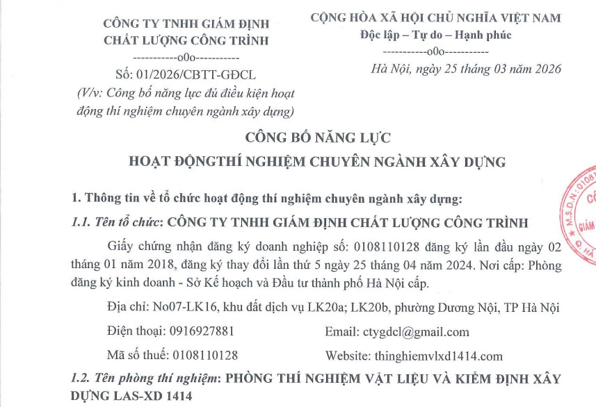 Công bố năng lực hoạt động thí nghiệm chuyên ngành xây dựng
