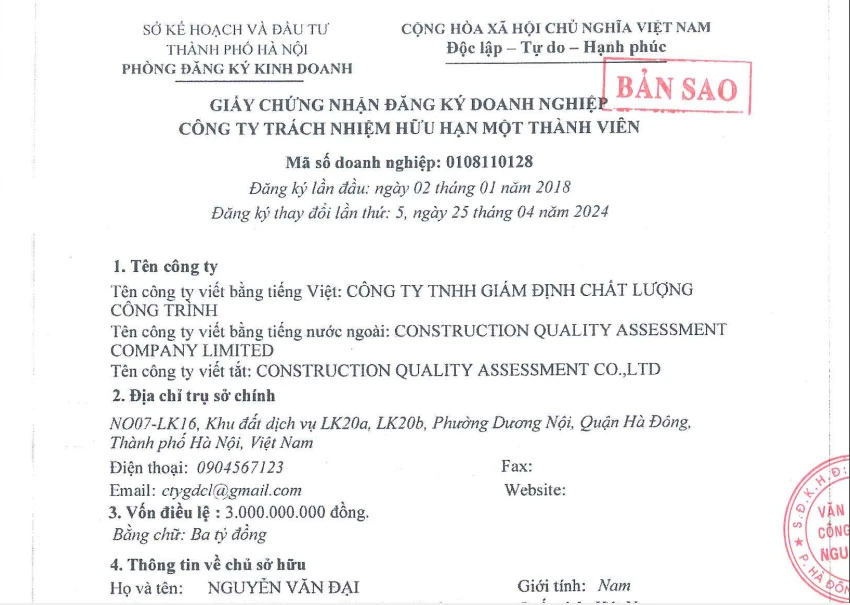 Giấy chứng nhận đăng ký doanh nghiệp Công ty trách nhiệm hữu hạn một thành viên