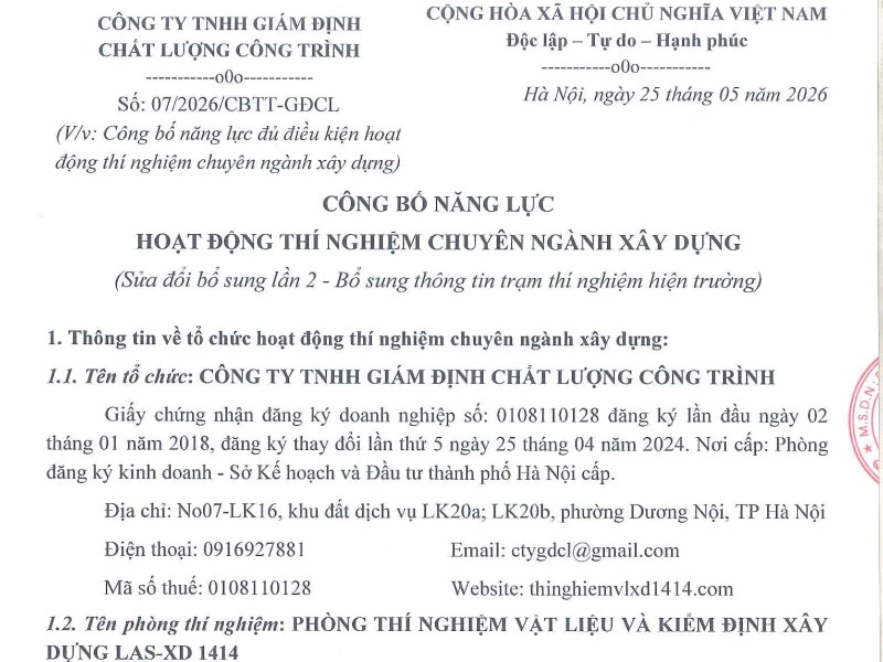 Công bố năng lực hoạt động thí nghiệm chuyên ngành xây dựng (Sửa đổi bổ sung lần 2)